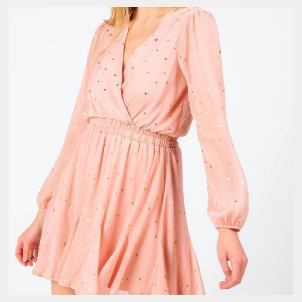 NWOT New Francesca’s Kailynn Gold Star Godet Pink Mini Dress Medium